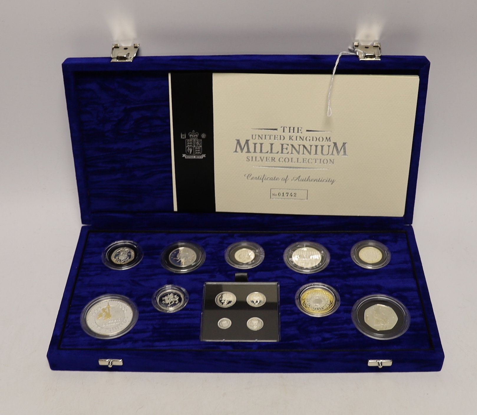 Royal Mint UK QEII silver proof thirteen coin set - The Millennium Silver collection 2000, including maundy 1p to 4p, cased